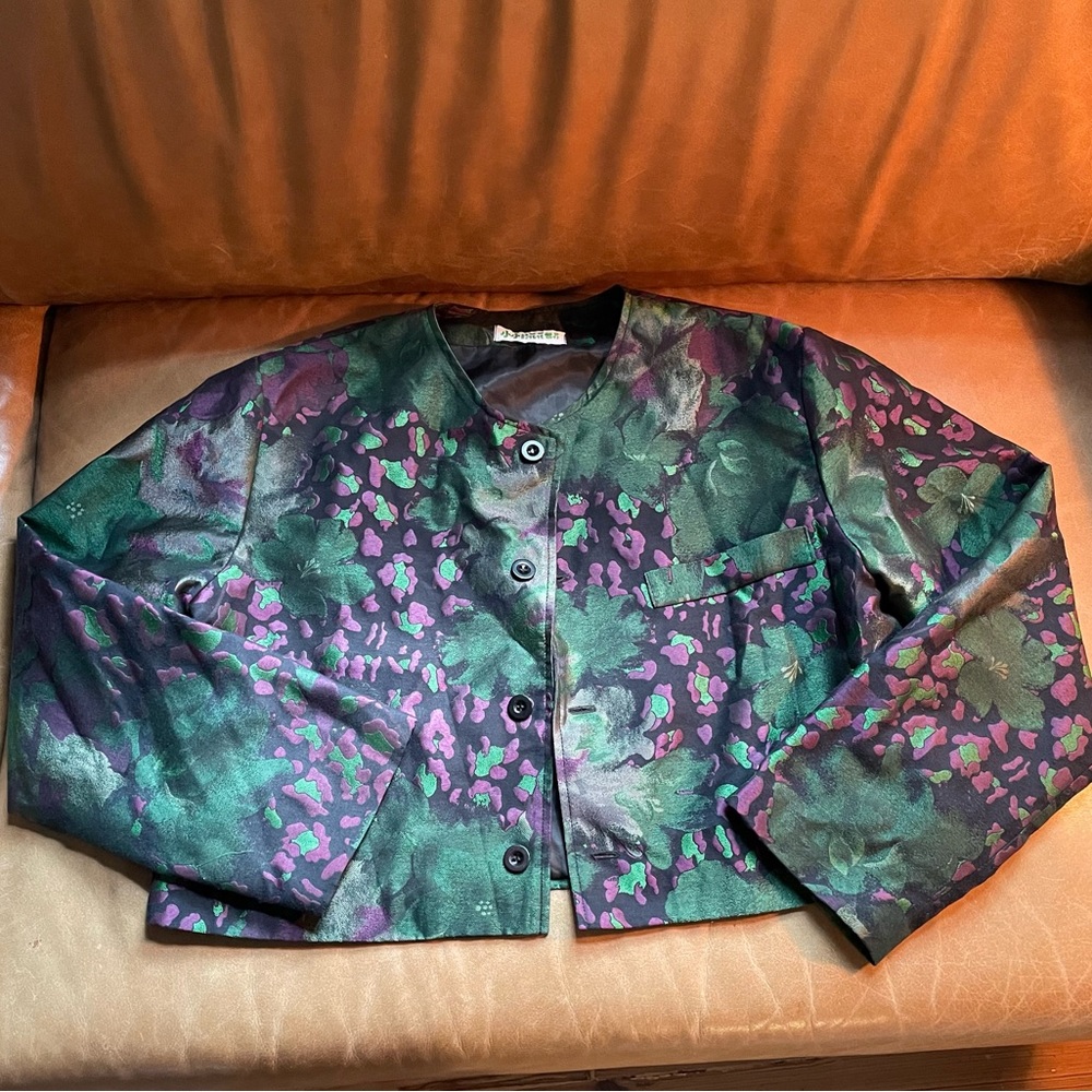 Vintage brocade metallic floral cropped jacket green purple boxy pocket printed - Picture 1 of 8